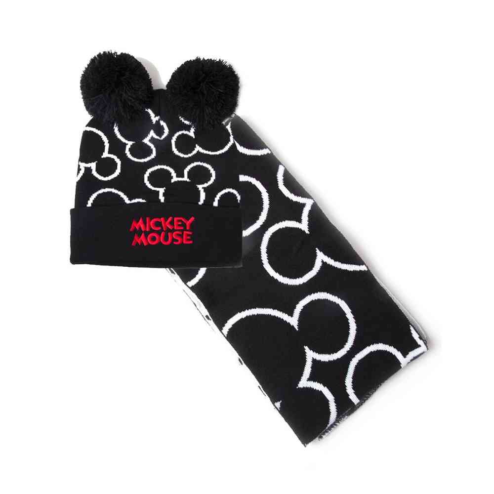 Disney Mickey Mouse - Silhouette Bonnet & écharpe - Noir/Blanc